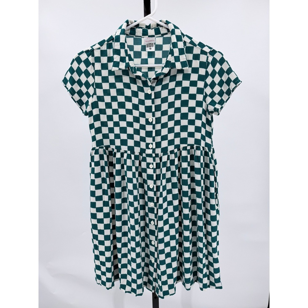 Hanna Andersson Girls 10 140 Dress Green White Checkerboard Button Front Collar